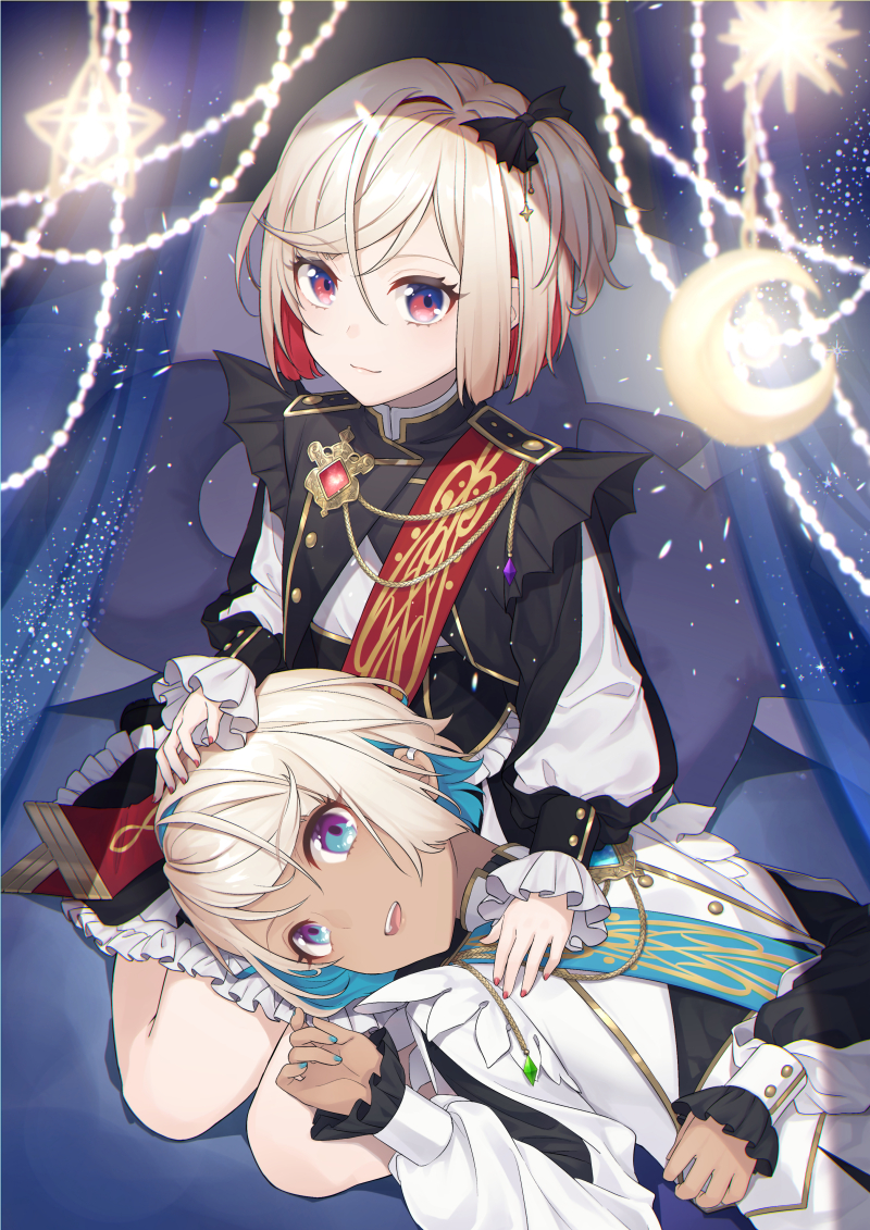 aiguillette, blonde_hair, blue_eyes, blue_hair, blue_nails, crescent, dark_skin, lap_pillow
