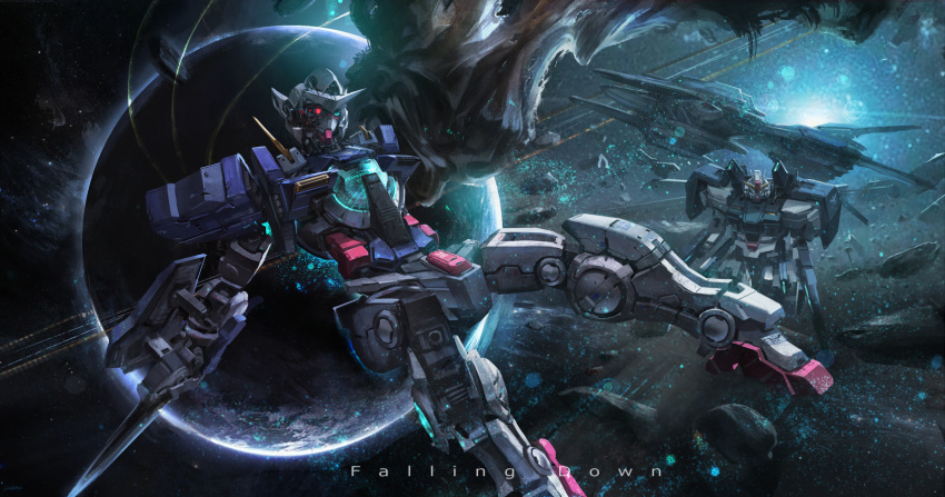 artist_name, asteroid, blue_eyes, brown_cape, cape, commentary, damaged, dual_wielding