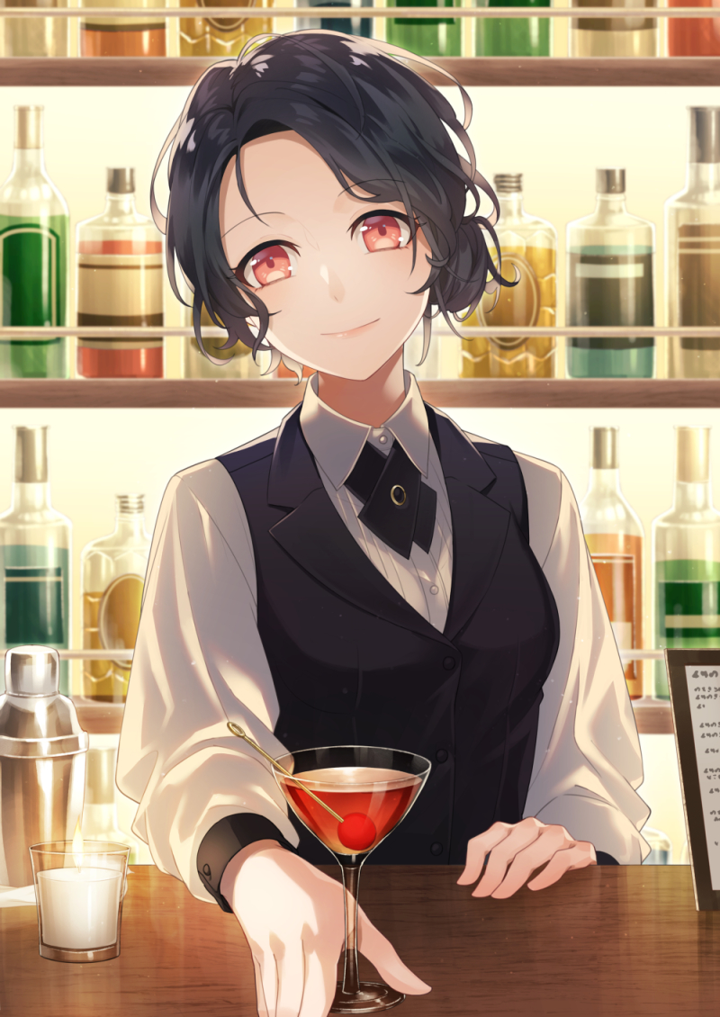 1girl, alcohol, bar, bartender, black_hair, black_neckwear, black_vest, cocktail_glass, counter, cup, drinking_glass, long_sleeves, original, red_eyes, smile, solo, vest, yuki_lio