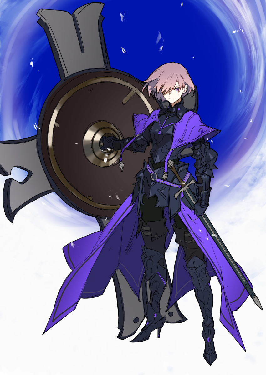 1girl, armor, black_armor, cape, closed_mouth, commentary_request, eyebrows_visible_through_hair, fate/grand_order