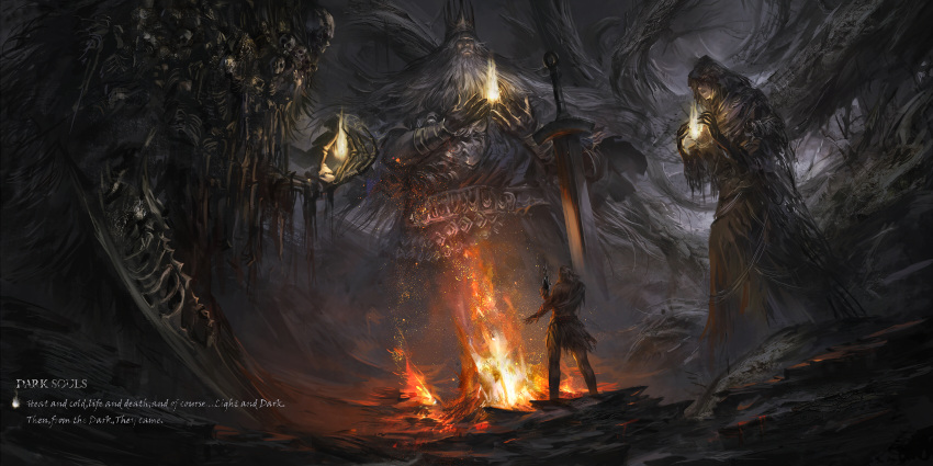 1girl, 3boys, armlet, beard, black_robe, copyright_name, crown, dark_souls
