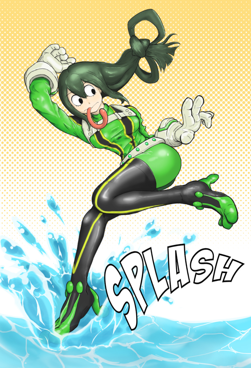 1girl, asui_tsuyu, black_eyes, black_hair, bodysuit, boku_no_hero_academia, cubechicken15, frog_girl, gloves, goggles, goggles_on_head, gradient, gradient_background, green_hair, hair_between_eyes, hair_rings, long_hair, long_tongue, low-tied_long_hair, solo, splashing, tongue, tongue_out, twisted_torso, water, white_gloves, yellow_background