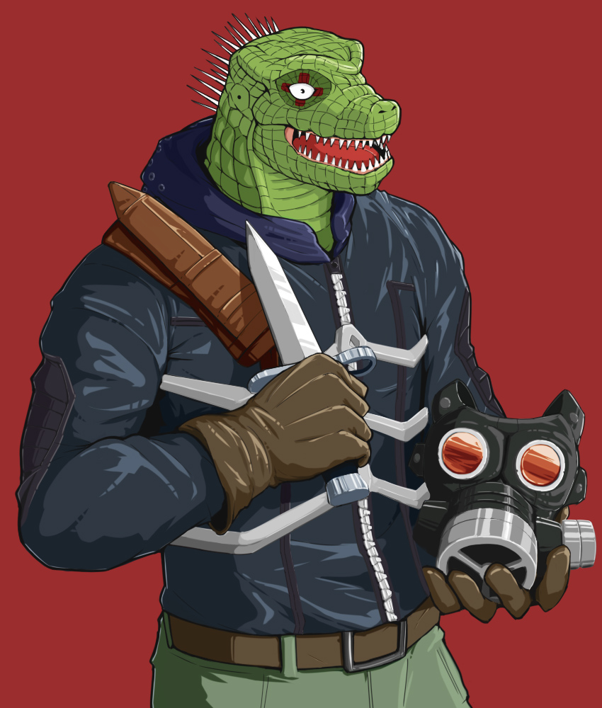 1boy, belt, black_eyes, black_jacket, brown_gloves, caiman, cubechicken15, dorohedoro