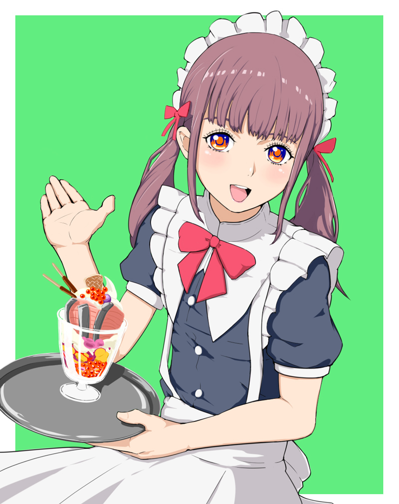 1girl, bangs, bow, brown_eyes, brown_hair, cubechicken15, green_background, hand_up