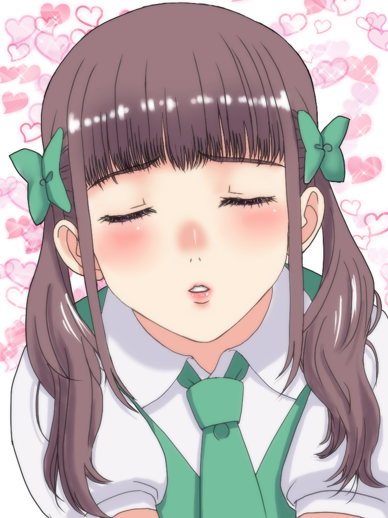 1girl, bangs, blunt_bangs, blush, bow, brown_hair, closed_eyes, facing_viewer