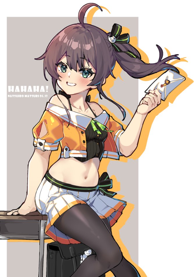 1girl, ahoge, bag, black_legwear, blush, breasts, brown_hair, character_name