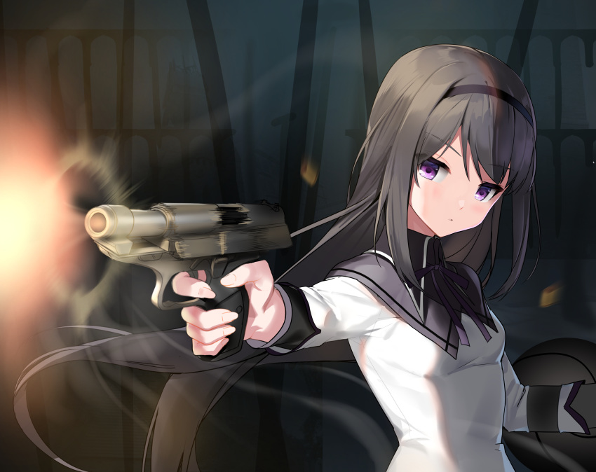 1girl, absurdres, akemi_homura, black_hair, breasts, collared_shirt, finger_on_trigger, firing