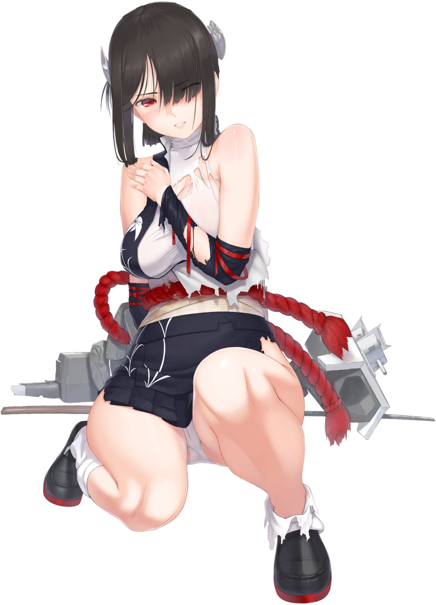 1girl, artist_request, bangs, black_footwear, black_hair, black_skirt, blue_oath, blush