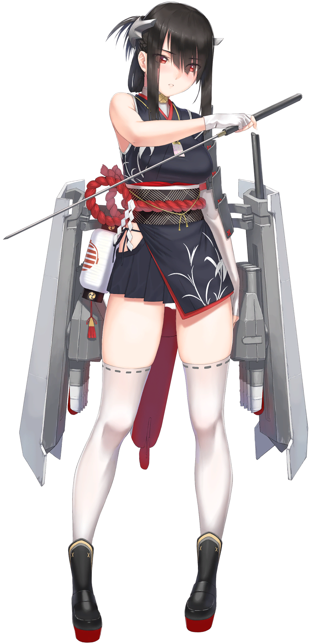 1girl, armor, artist_request, bangs, black_footwear, black_hair, black_panties, blue_oath