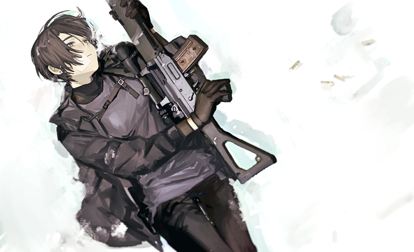 1girl, androgynous, assault_rifle, brown_hair, commentary, gloves, gun, highres