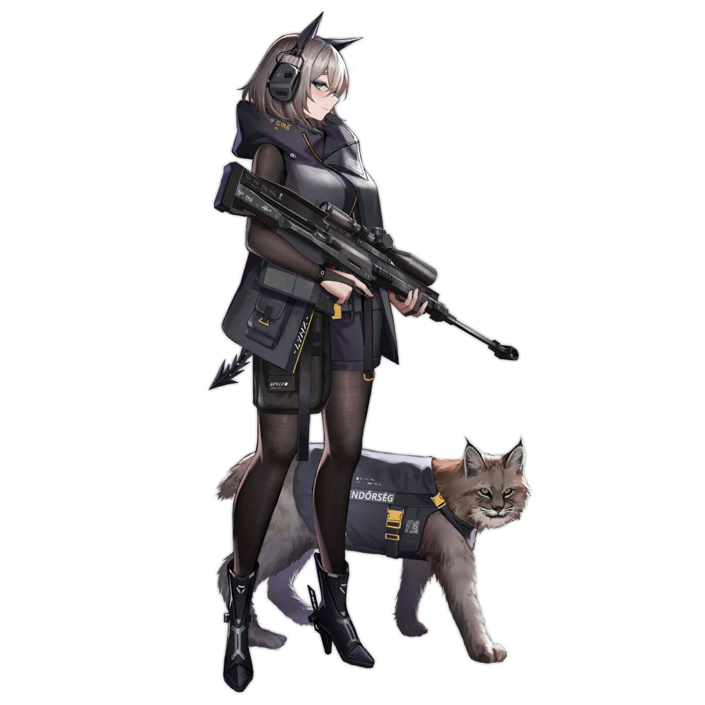 1girl, animal, animal_ear_headphones, bangs, black_bodysuit, black_footwear, black_legwear, blue_jacket, blue_shorts, blush, bodystocking, bodysuit, boots, breasts, bridal_gauntlets, brown_hair, closed_mouth, clothed_animal, eyebrows_visible_through_hair, gepard_gm6_lynx, girls_frontline, gm6_lynx_(girls_frontline), green_eyes, gun, hand_on_weapon, headphones, holding, holding_gun, holding_weapon, hood, hood_down, jacket, looking_at_viewer, lynx_(animal), medium_breasts, medium_hair, namesake, official_art, open_eyes, pantyhose, profile, rifle, shorts, solo, standing, tail, weapon, white_background, yurichtofen