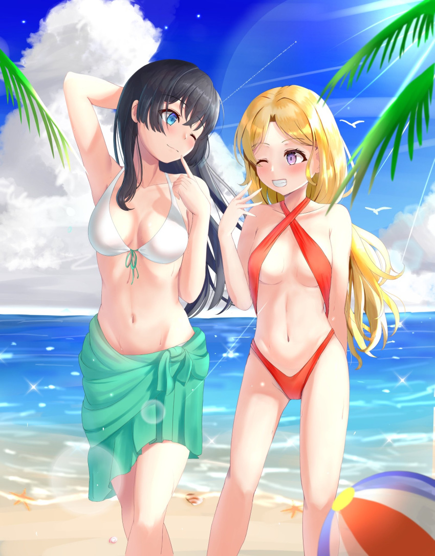 2girls, ;), arm_up, ball, bangs, bare_shoulders, beach, beachball, bikini, black_hair, blonde_hair, blue_eyes, blue_sky, breasts, clouds, collarbone, commentary, day, eyebrows_visible_through_hair, frenda_seivelun, grin, groin, hand_up, highres, long_hair, looking_at_another, medium_breasts, multiple_girls, navel, nose_(oekaki1825), one_eye_closed, outdoors, parted_bangs, red_bikini, sarong, saten_ruiko, sky, sling_bikini_top, small_breasts, smile, starfish, swimsuit, to_aru_kagaku_no_railgun, to_aru_majutsu_no_index, violet_eyes, water, white_bikini