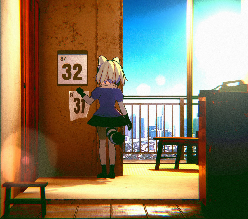 1girl, 7u_naby, animal_ears, apartment, arai-san_mansion, blue_sky, calendar_(object), commentary_request