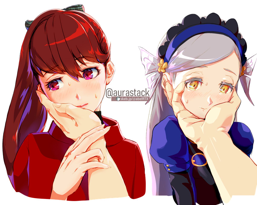 2girls, aurastack, blue_hairband, chin_grab, hairband, hand_on_another's_chin, jacket, lavenza_(persona_5)