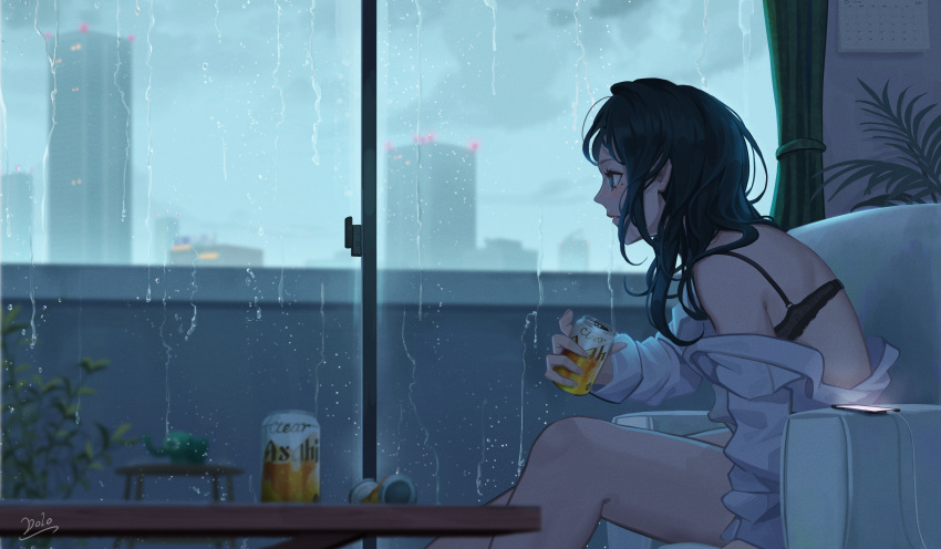 1girl, absurdres, alcohol, armchair, bangs, bare_shoulders, beer, beer_can, black_bra, black_hair, blue_eyes, blurry, blush, bra, building, cable, calendar_(object), can, cellphone, chair, charging_device, city, clouds, cloudy_sky, curtains, depth_of_field, doloyume, drunk, elephant, feet_out_of_frame, from_side, glass, glowing, highres, holding, indoors, long_hair, long_sleeves, looking_away, messy_hair, mole, mole_under_eye, no_pants, off_shoulder, original, palm_tree, phone, plant, profile, rain, signature, sitting, sky, skyscraper, sleeves_folded_up, sliding_doors, smartphone, table, themed_object, tree, underwear, watering_can