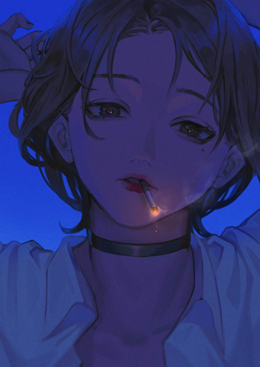 1girl, blue_background, blue_theme, brown_eyes, brown_hair, choker, cigarette, collarbone, collared_shirt, dark, doloyume, dripping, empty_eyes, eyelashes, hands_up, highres, lipstick, looking_at_viewer, makeup, mole, mole_under_eye, mouth_hold, original, portrait, red_lips, shirt, short_hair, simple_background, smoke, smoking, solo, white_shirt