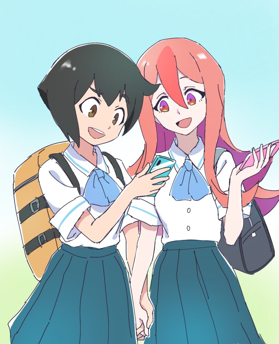 2girls, backpack, bag, black_hair, brand_new_animal, cellphone, collared_shirt, couple