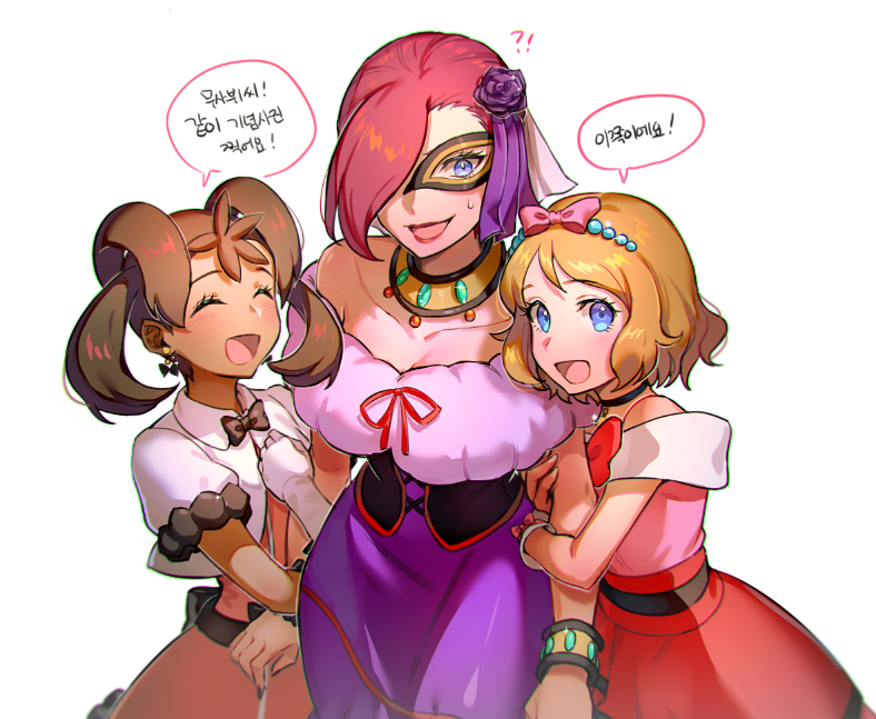 !?, 3girls, apple_brk, arm_hug, blush, bow, brown_hair, choker