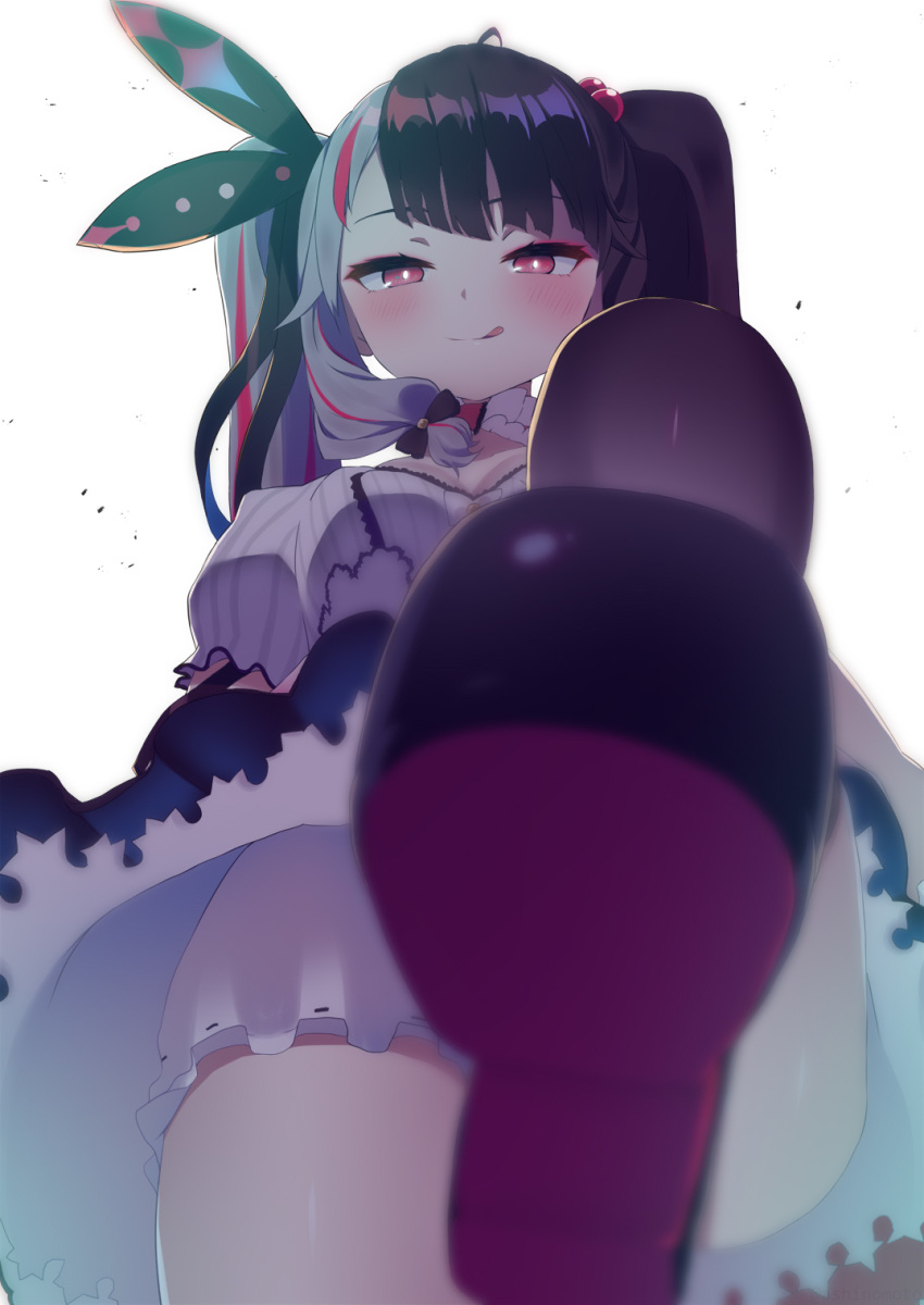 1girl, :q, ashino_moto, bangs, black_hair, blush, bow, breasts, from_below, gloves, hair_ornament, hair_ribbon, highres, long_hair, looking_at_viewer, multicolored_hair, nijisanji, pov, pumpkin_pants, red_eyes, redhead, ribbon, shoes, silver_hair, smile, solo, stepping, streaked_hair, tongue, tongue_out, twintails, two-tone_hair, very_long_hair, virtual_youtuber, yorumi_rena