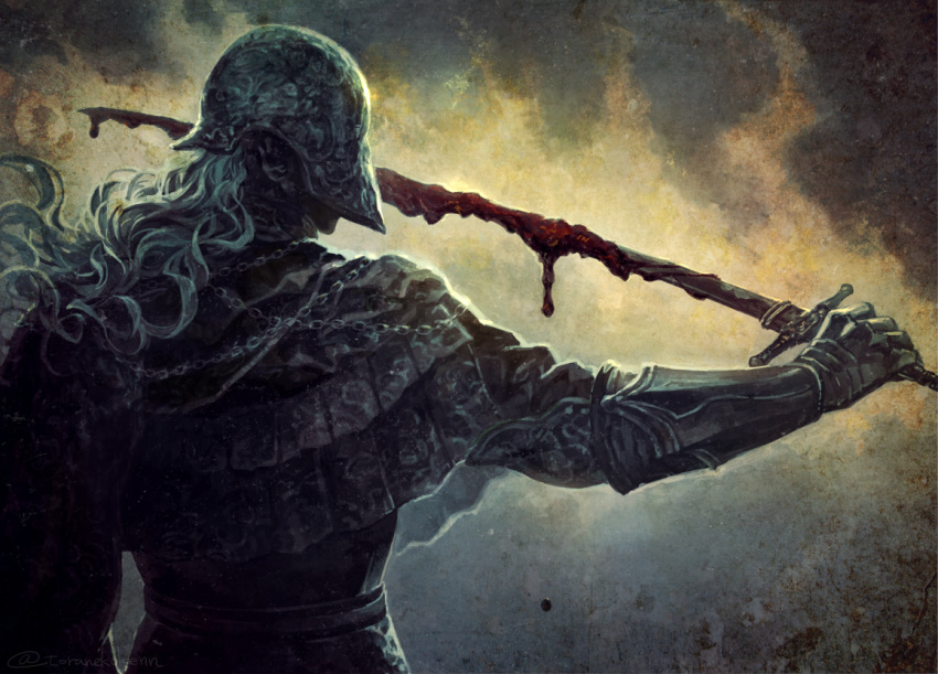 1other, ambiguous_gender, artist_name, blood, bloodborne, bloody_weapon, capelet, chain