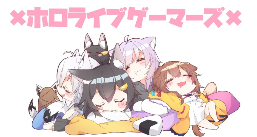 4girls, ahoge, animal_ear_fluff, animal_ears, bangs, black_hair, black_hoodie, blush