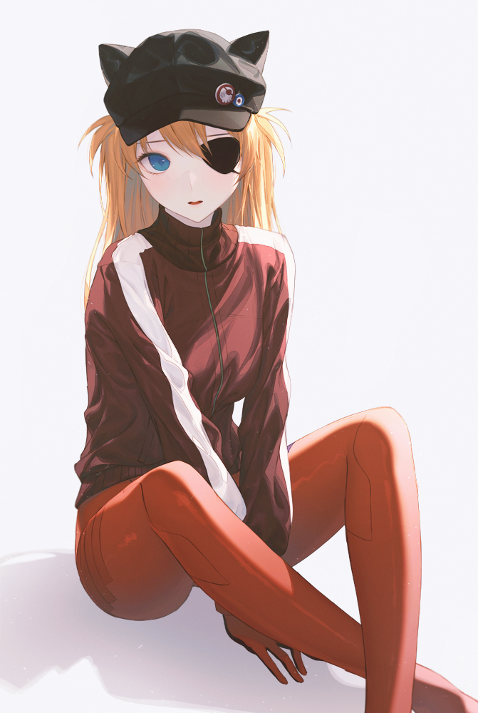 1girl, animal_ears, between_legs, black_headwear, blue_eyes, bodysuit, cabbie_hat, eyepatch