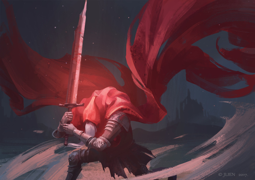 1boy, armor, artist_name, beard, breastplate, broken, broken_sword, broken_weapon