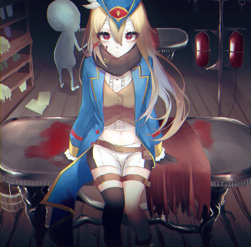 1girl, 1other, after_suko, azur_lane, black_legwear, black_scarf, blood, bloodborne