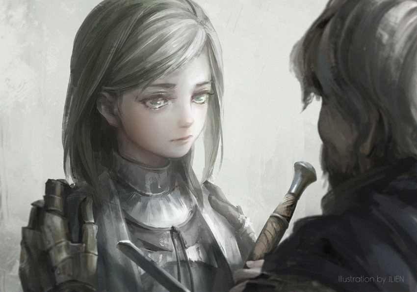 1boy, 1girl, artist_name, bangs, beard, blonde_hair, breastplate, brown_eyes, child, commentary, dark_souls_iii, expressionless, facial_hair, from_behind, gauntlets, grey_hair, holding, holding_sword, holding_weapon, holy_knight_hodrick, jlien-, long_hair, looking_at_another, parted_bangs, sirris_of_the_sunless_realms, solo_focus, souls_(from_software), sword, upper_body, weapon