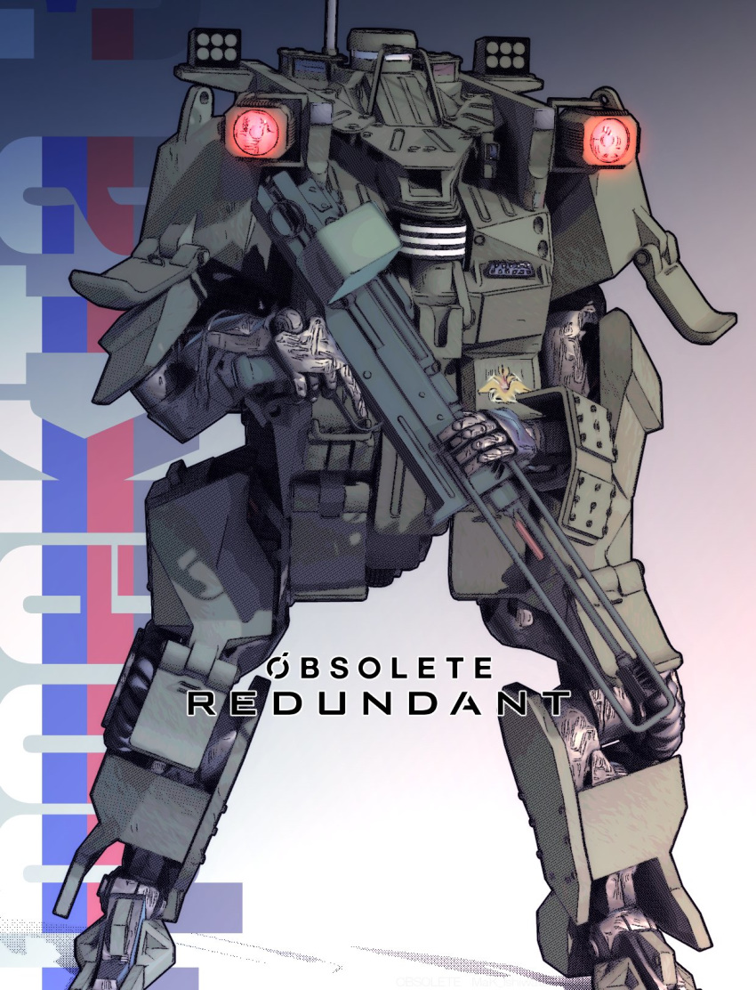 copyright_name, glowing, gun, highres, holding, holding_gun, holding_weapon, ishiwata_makoto, looking_to_the_side, mecha, military, no_humans, obsolete, obsolete_redundant, rniex-03_exult, solo, standing, weapon, wheel