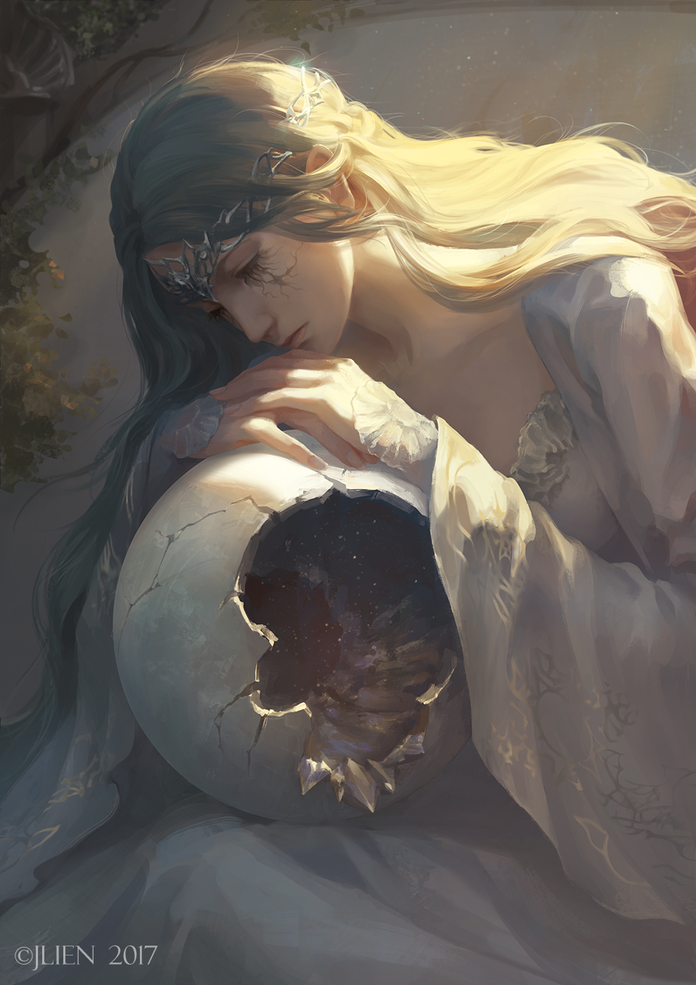 1girl, artist_name, bangs, blonde_hair, broken_egg, circlet, closed_eyes, collarbone