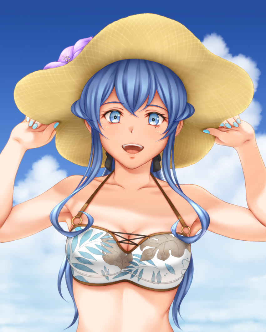 1girl, bikini, bikini_top, blue_eyes, blue_hair, blue_nails, blue_sky, breasts