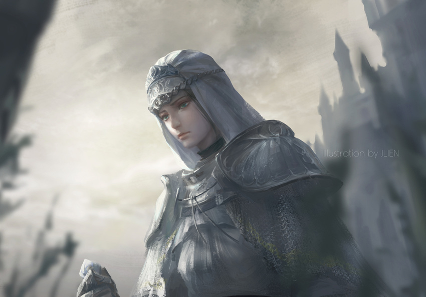 1girl, armor, artist_name, blurry, blurry_background, blurry_foreground, breastplate, brown_eyes, brown_hair, castle, closed_mouth, clouds, cloudy_sky, commentary, dark_souls_iii, dress, from_below, hood, jlien-, looking_down, outdoors, shoulder_armor, sirris_of_the_sunless_realms, sky, solo, souls_(from_software), tree, upper_body, veil, white_dress, white_veil
