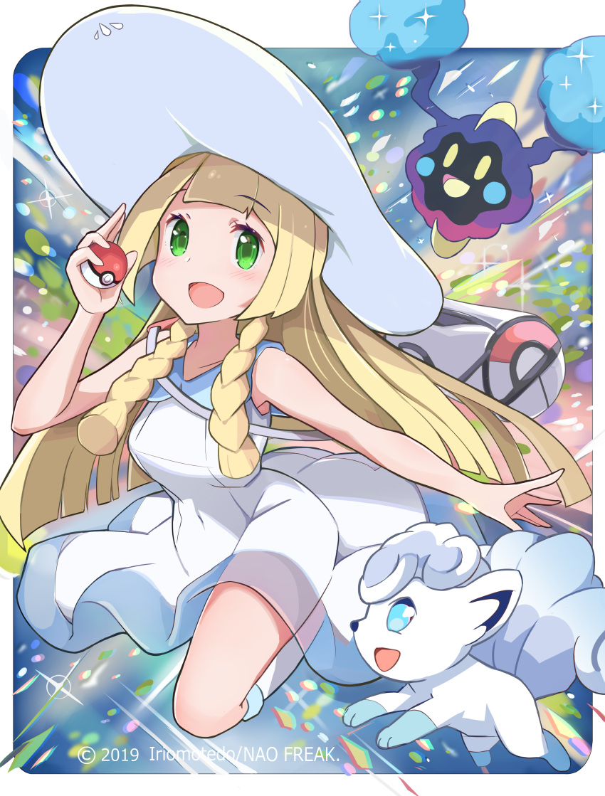 1girl, 2019, absurdres, alolan_form, alolan_vulpix, arm_up, bag, blonde_hair