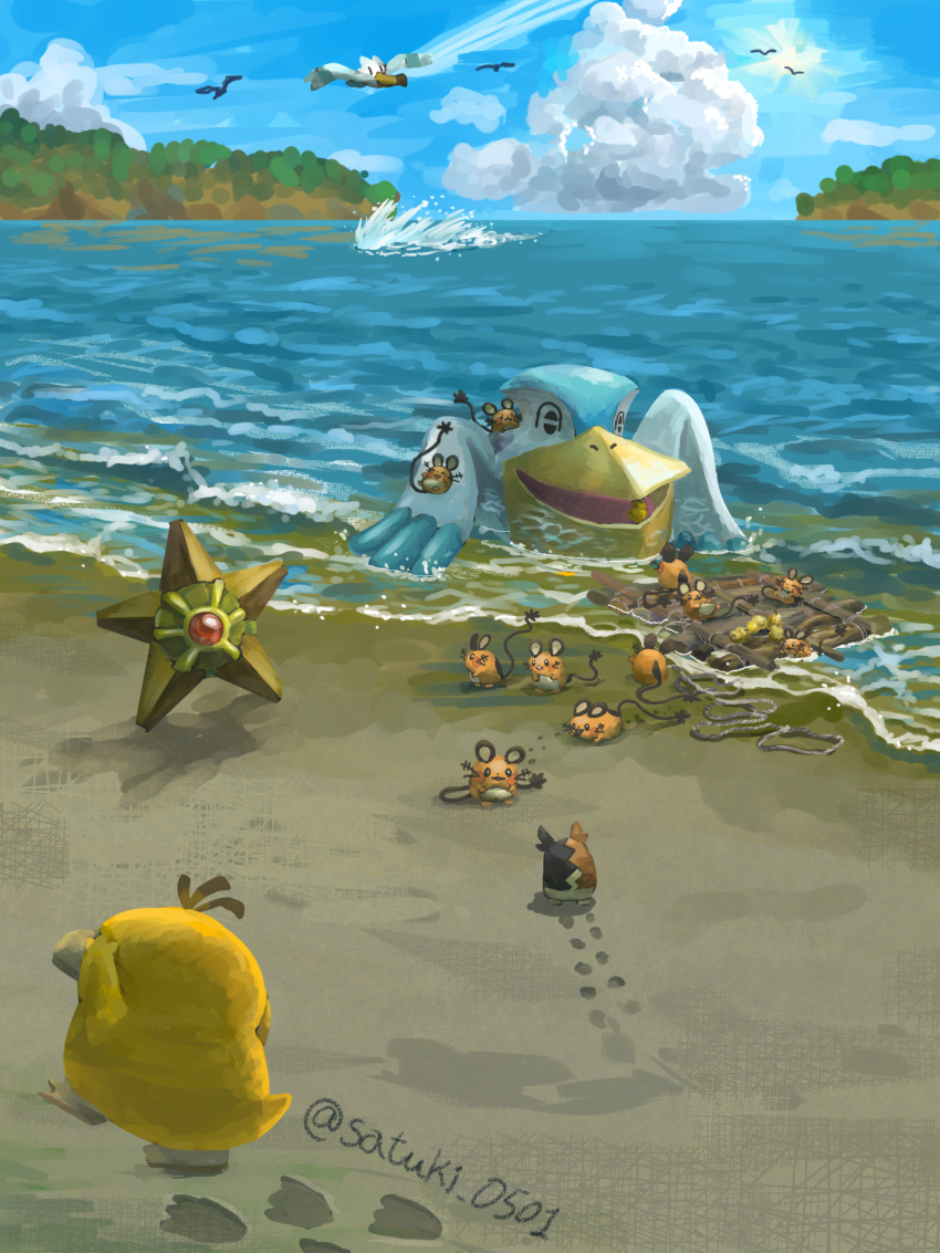 artist_name, clouds, commentary_request, day, dedenne, footprints, gen_1_pokemon, gen_3_pokemon, gen_6_pokemon, gen_8_pokemon, highres, morpeko, morpeko_(full), no_humans, outdoors, pelipper, pokemon, pokemon_(creature), psyduck, raft, sand, satsuki_(pixiv44579273), shore, silhouette, sky, staryu, water, wingull