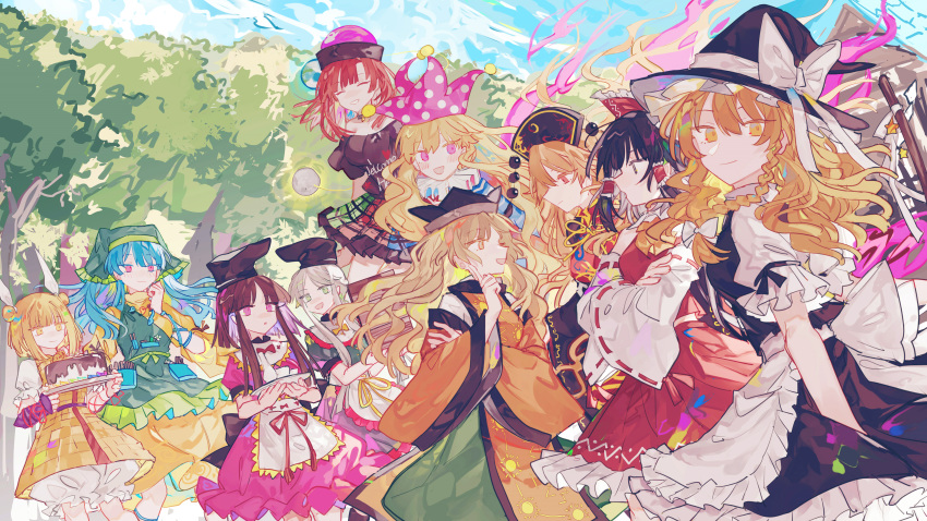 6+girls, :d, :o, ^_^, absurdres, apron, armor, arms_behind_back