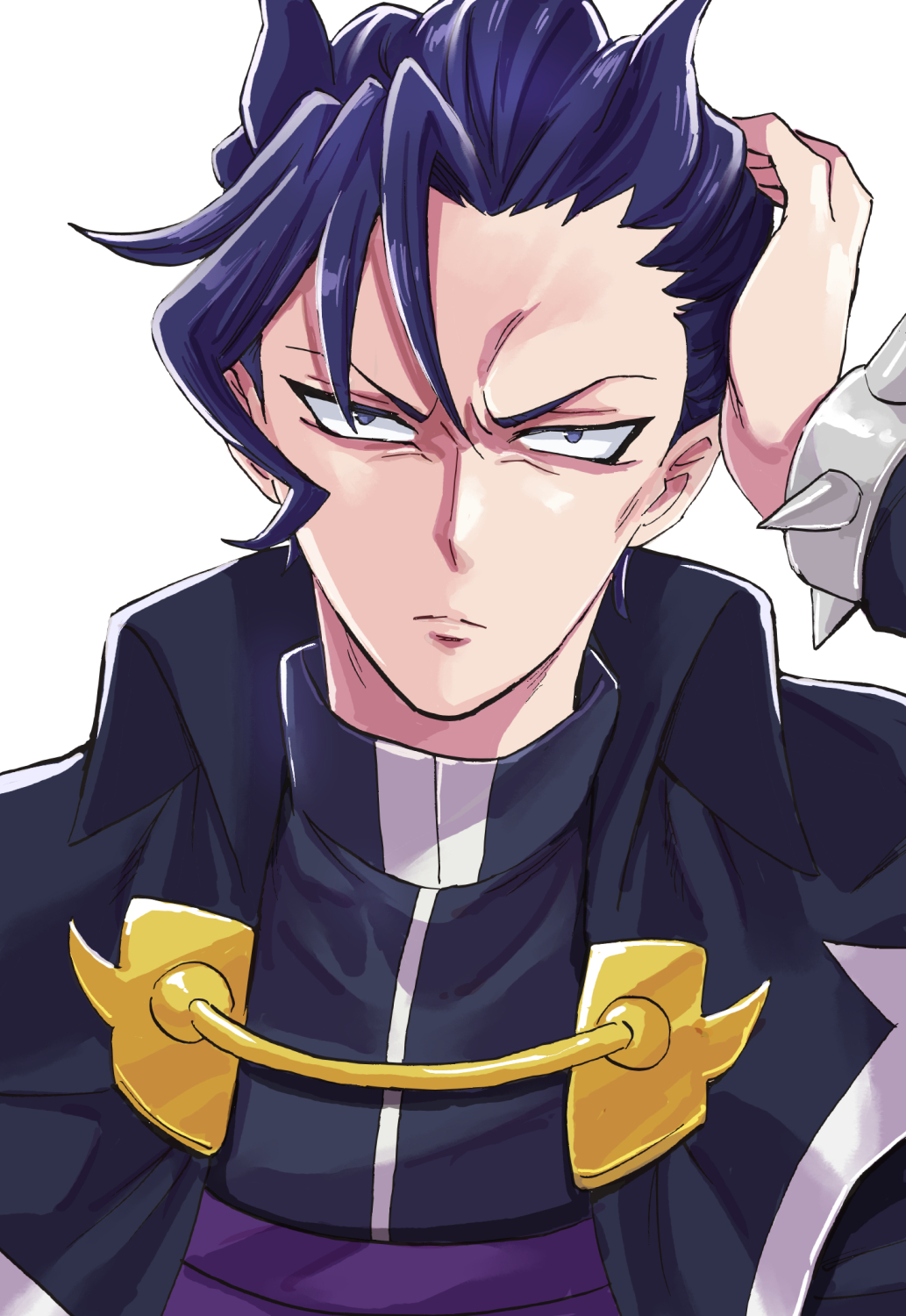 1boy, blue_eyes, blue_hair, bracelet, closed_mouth, frown, head_on_head, highres, jewelry, kalego_naberius, mairimashita!_iruma-kun, male_focus, sharumon, simple_background, solo, spiked_bracelet, spikes, spiky_hair, upper_body, v-shaped_eyebrows, white_background