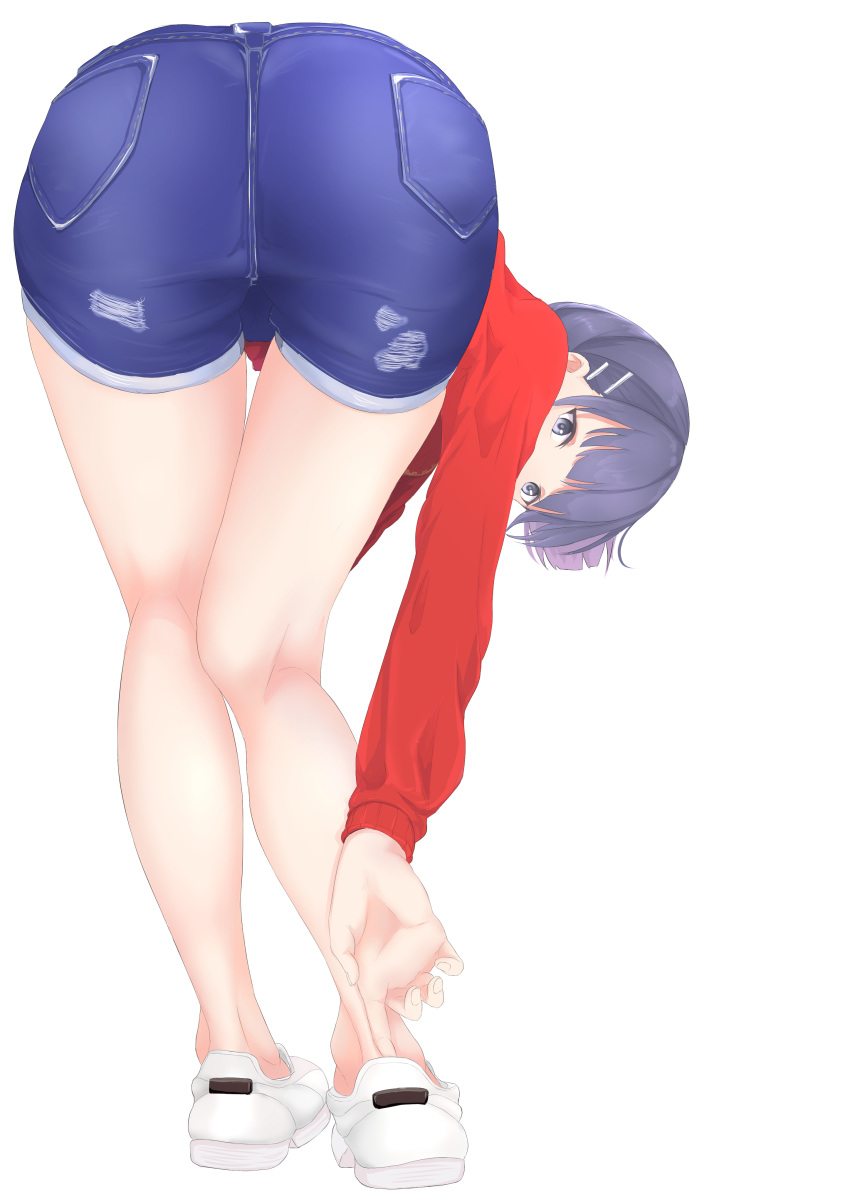 1girl, absurdres, adjusting_footwear, ass, bad_anatomy, bangs, bare_legs, barefoot