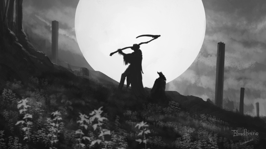 1boy, 1other, ambiguous_gender, bloodborne, clouds, cloudy_sky, commentary, copyright_name