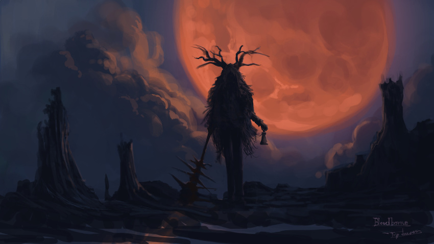 antlers, bell, blood, bloodborne, bloody_weapon, brador, clouds, cloudy_sky