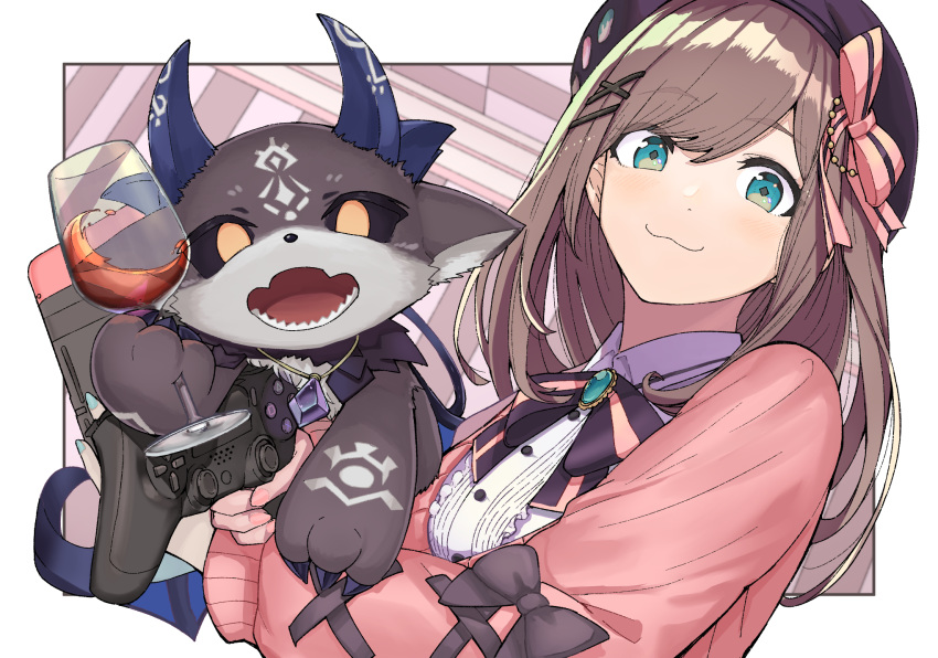 1girl, 1other, :3, aqua_eyes, bangs, beret, black_headwear, black_sclera, bow, bowtie, brooch, brown_hair, cardigan, closed_mouth, controller, cup, debidebi_debiru, demon, demon_horns, drink, dualshock, eyebrows_visible_through_hair, game_controller, gamepad, hair_bow, hat, highres, holding, holding_controller, holding_cup, holding_game_controller, horns, jewelry, looking_at_viewer, medium_hair, merooon, nail_polish, necklace, nijisanji, open_mouth, pink_cardigan, pink_nails, playstation_controller, sharp_teeth, shirt, smile, suzuhara_lulu, teeth, upper_body, virtual_youtuber, white_shirt, yellow_eyes