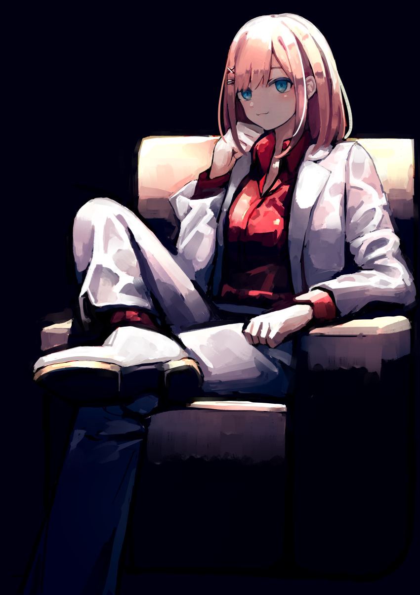 1girl, :3, absurdres, armchair, bangs, black_background, blue_eyes, breasts