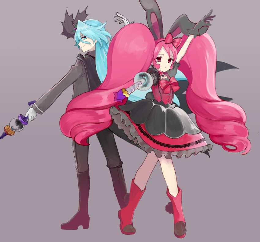 +_+, 1boy, 1girl, animal_ears, arm_up, back-to-back, boots, cape