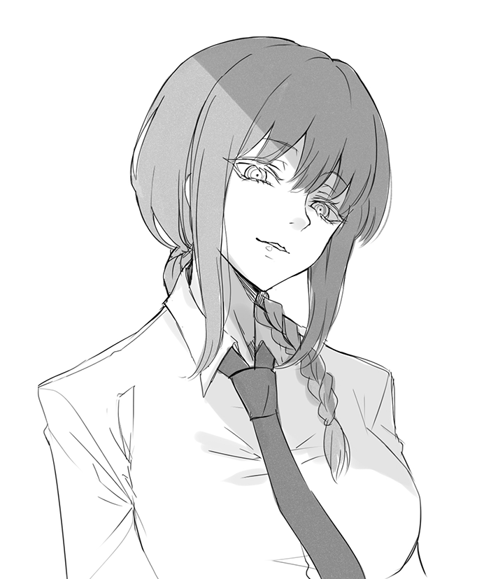1girl, black_neckwear, braid, braided_ponytail, breasts, business_suit, chainsaw_man, collared_shirt