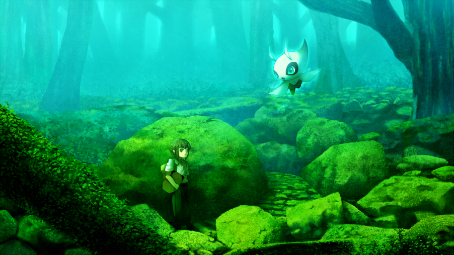 1boy, celebi, closed_mouth, collared_shirt, commentary_request, fog, forest, gen_2_pokemon