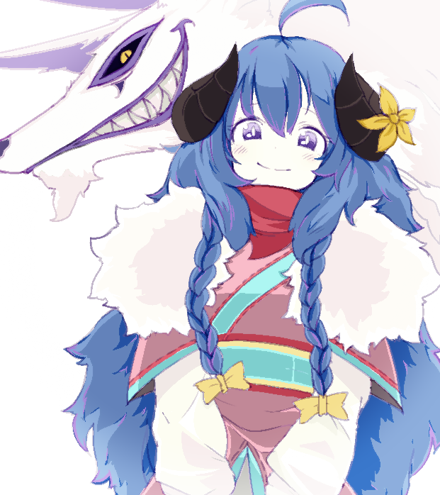 1girl, ahoge, animal, black_sclera, blue_hair, blush, bow, braid, closed_mouth, eyebrows_visible_through_hair, flower, fur_trim, grin, hair_between_eyes, hair_bow, horn_flower, horns, hourglass_02, kindred, lamb_(league_of_legends), league_of_legends, long_hair, looking_at_viewer, parted_lips, sharp_teeth, simple_background, slit_pupils, smile, spirit, spirit_blossom_kindred, teeth, ultra_eye, white_background, wolf, wolf_(league_of_legends), yellow_bow, yellow_eyes, yellow_flower