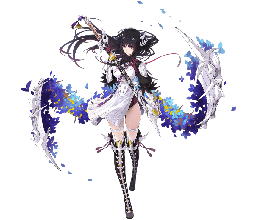 1girl, artist_request, black_hair, blue_flower, bone, bone_hair_ornament, boots, breasts, company_name, dress, fan, fingerless_gloves, flower, gloves, highres, integral_killer_(phantom_of_the_kill), katana, knee_boots, large_breasts, masamune_(phantom_of_the_kill), official_art, petals, phantom_of_the_kill, puffy_short_sleeves, puffy_sleeves, red_eyes, sheath, sheathed, short_sleeves, skeletal_wings, solo, star_ornament, sword, thigh-highs, transparent_background, weapon, white_dress, wings