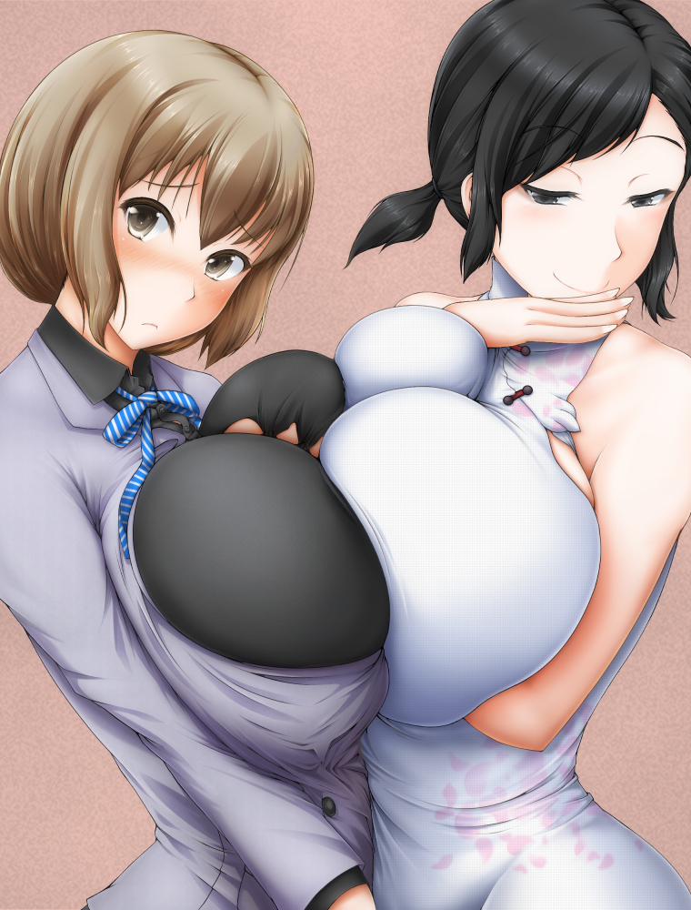 2girls, :c, black_eyes, black_hair, blazer, blush, bol_(liliymimi), breast_press