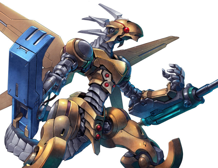 dragon, duel_monster, mecha, no_humans, power_tool, power_tool_dragon, red_eyes, simple_background