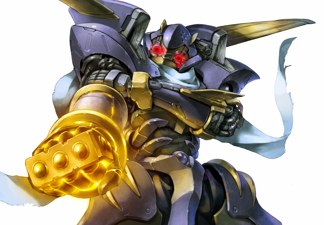 clenched_hand, duel_monster, glowing, glowing_eyes, glowing_hand, junk_warrior, mecha, no_humans